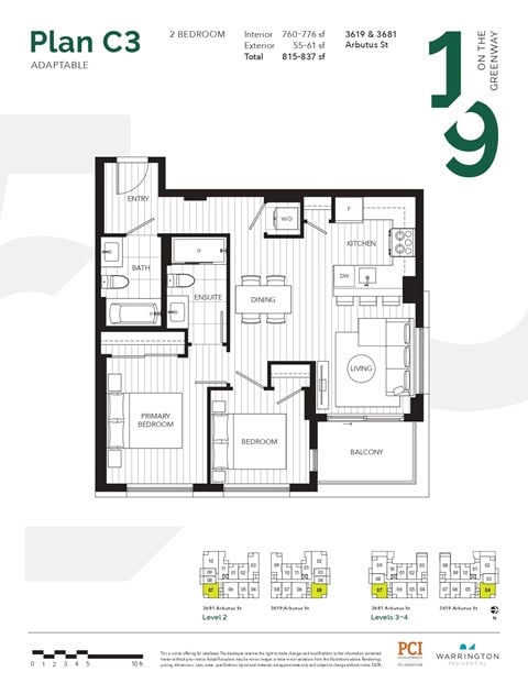 Floor plan for 2 beds, 2 baths, 773 sqft